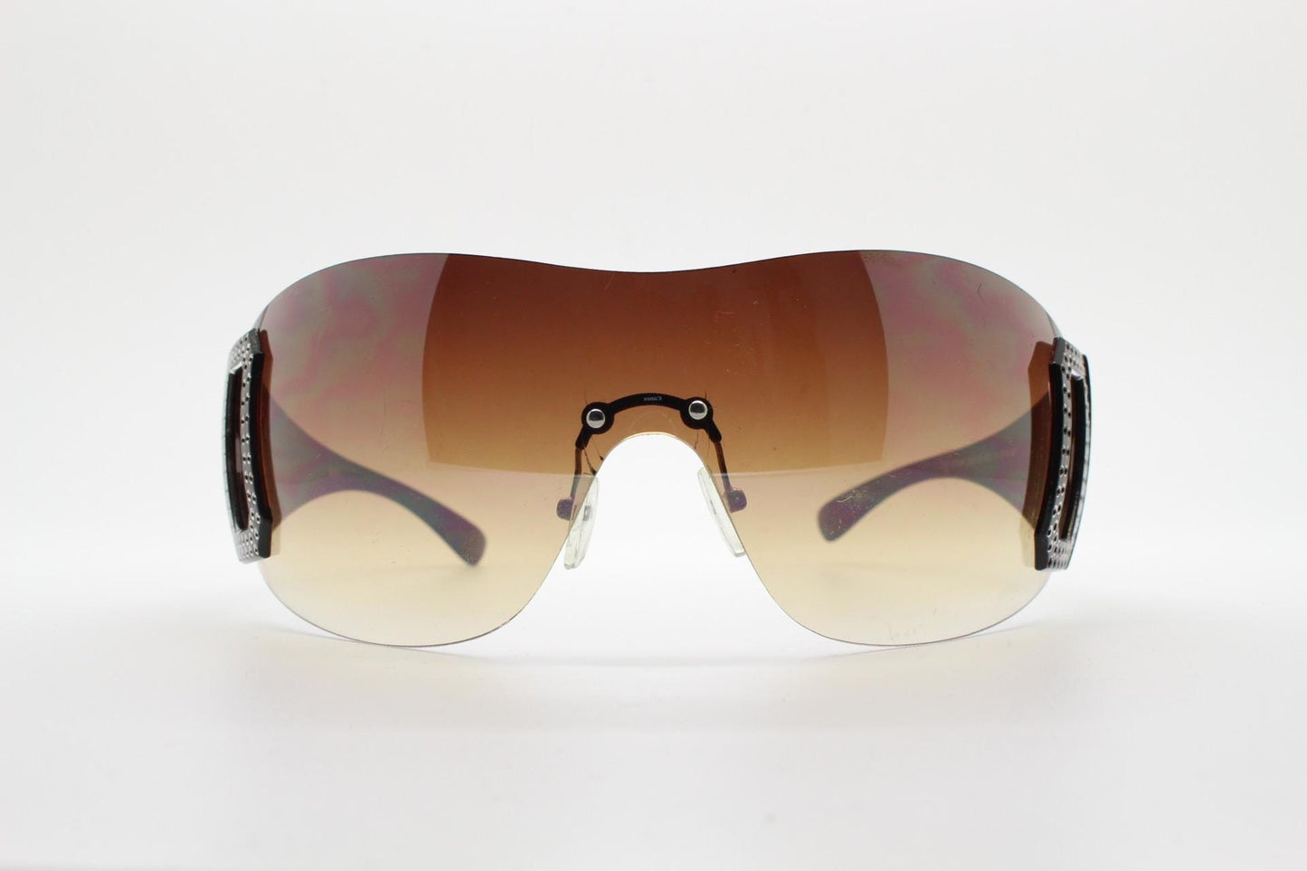 Y2K vintage visor sunglasses. 2000's brown wraparound mono lens shield design with big diamante effect crest. 00s uber fashion mini mask NOS