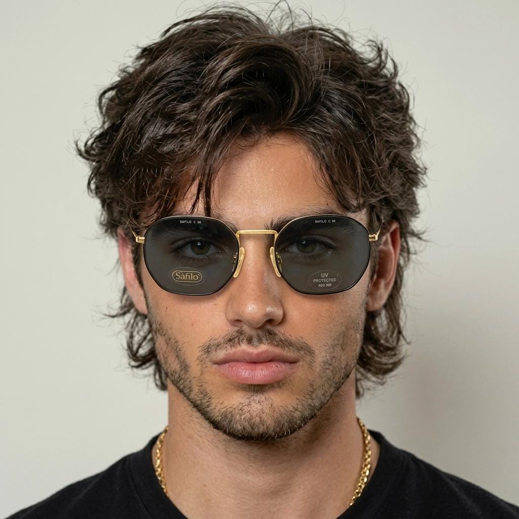 Safilo 90s vintage angled rectangular sunglasses made in Italy. Flexible black wire  metal frame with gold trim and green lenses. BNWT NOS