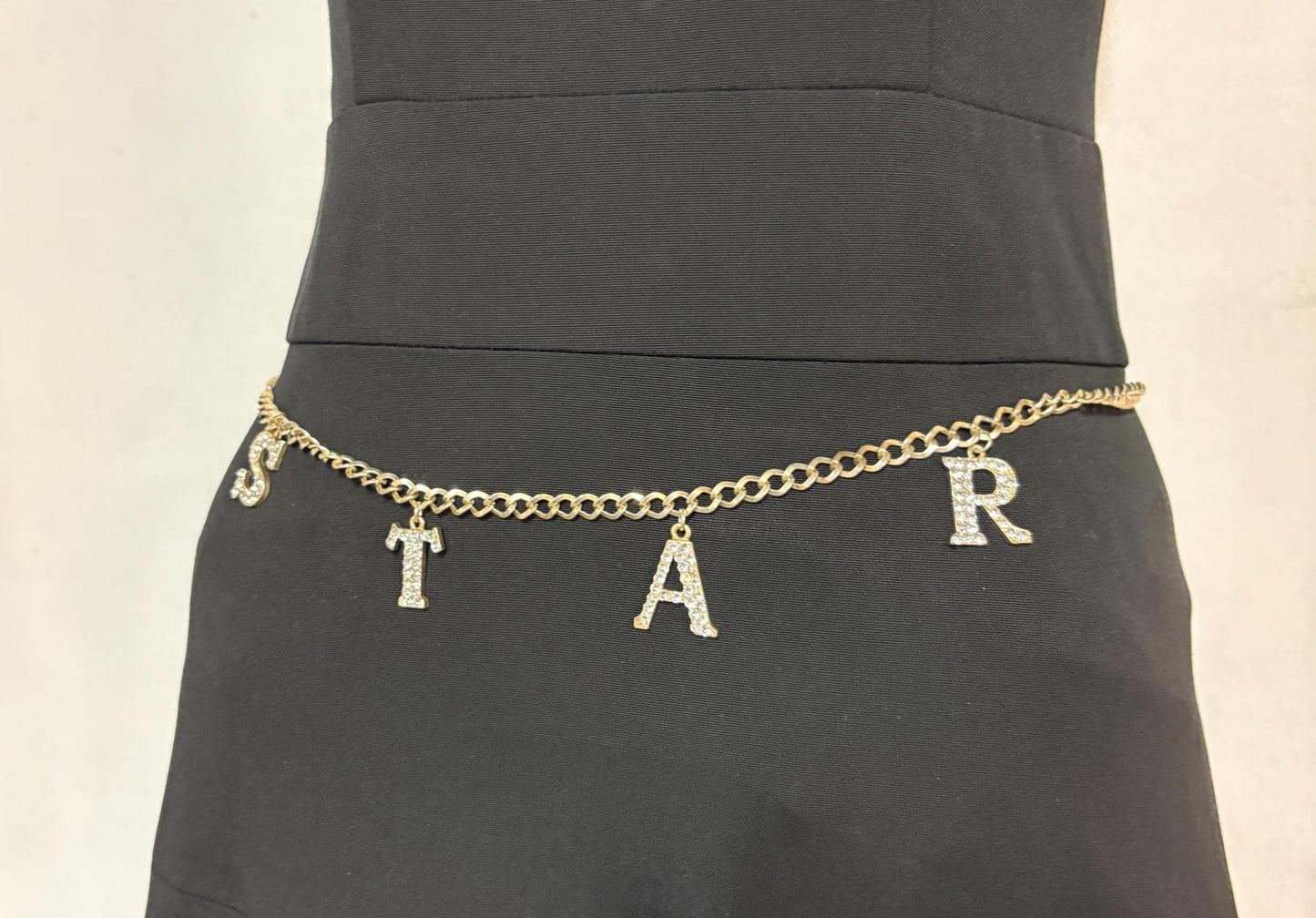 Y2K vintage womens slim chain belt with diamante STAR. Shiny chrome steel with  hanging diamante studded letters. Rhinestone. 2000s NOS