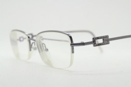 Gucci rectangular eye glasses made in Italy. Slim metal wire low profile optical half frame with diamante logo. Prescription eyeglasses. RX