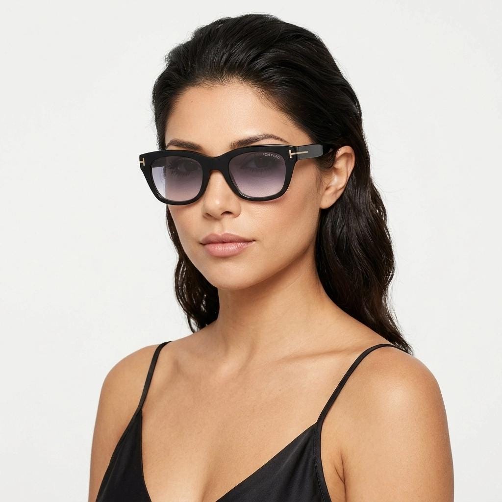 Tom Ford vintage modified wayfarer sunglasses made in Italy. Slightly cat eye form in black gloss acetate with superb graduating lenses