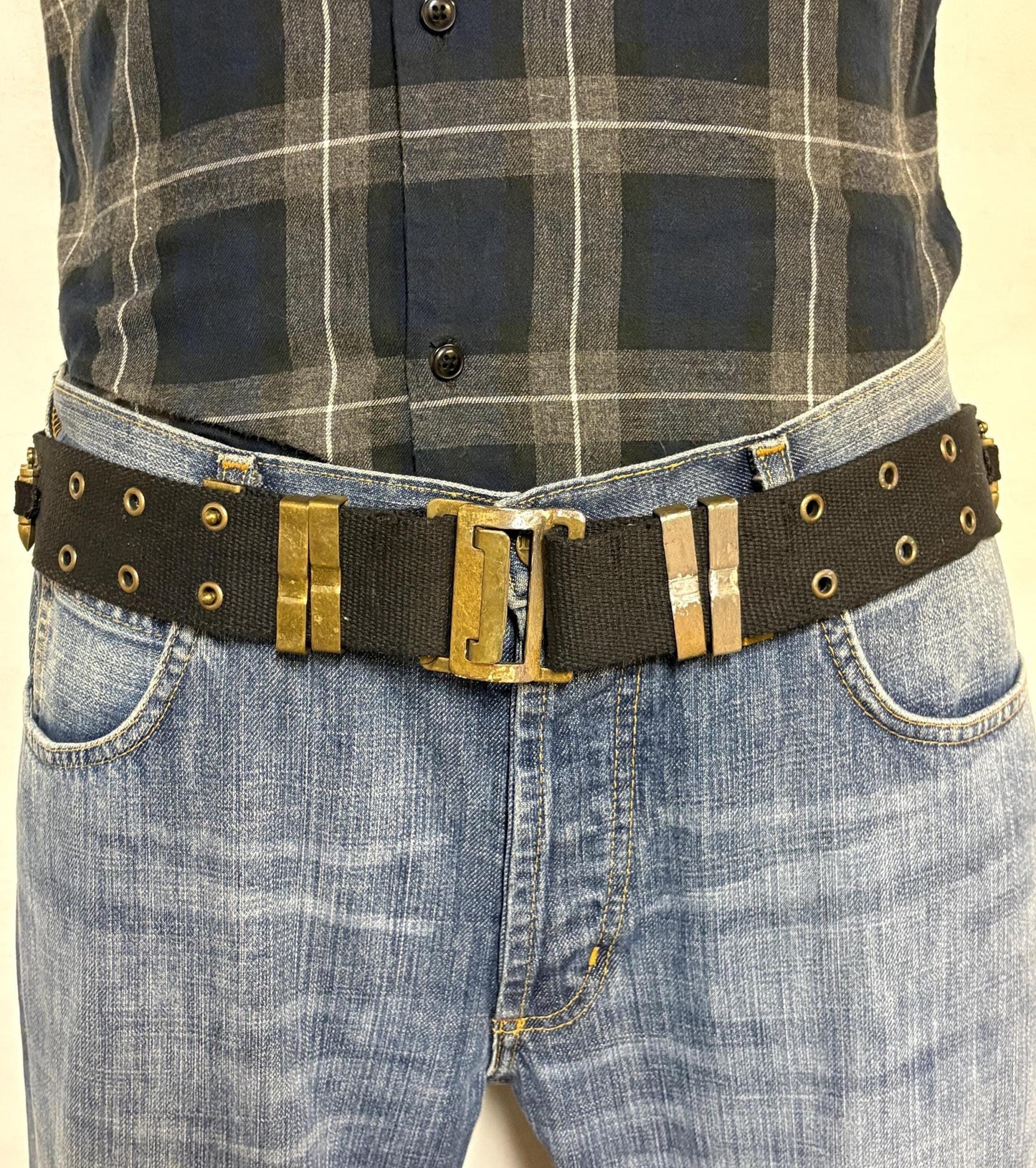 90s vintage army webbing bullet belt. Thick black canvas with distressed metal hardware. Fully adjustable. Bullets incl. Hunting. Webbing