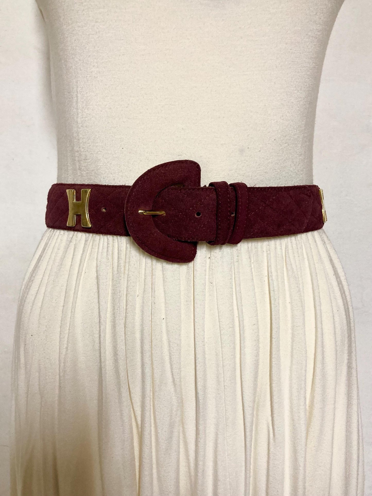 80s vintage womens dress belt in wine real suede with substantial covered buckle and gold domed hearts. Made in France by Chanon. NOS