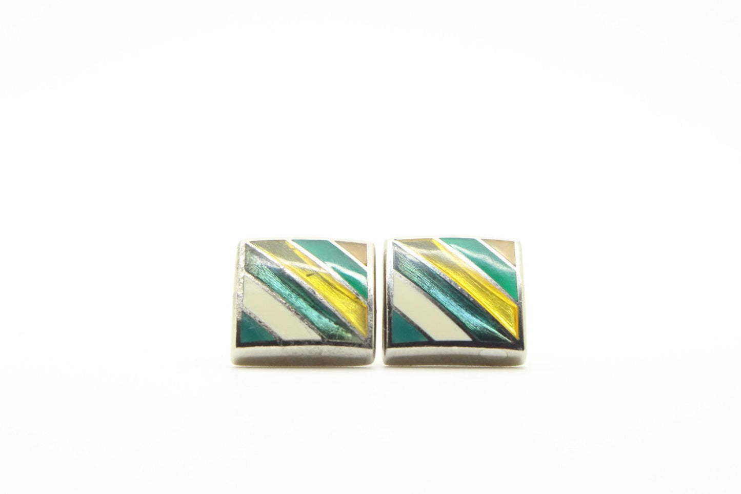 Thomas PInk vintage square cuff links made in England. Solid metal construction with enamel stripes in green and yellow tones. Unused NOS