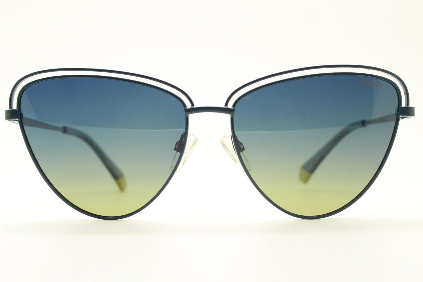 Polaroid vintage rounded cat eye sunglasses. Metal double brow frame with sensational blue to yellow graduating lenses. Unused NOS