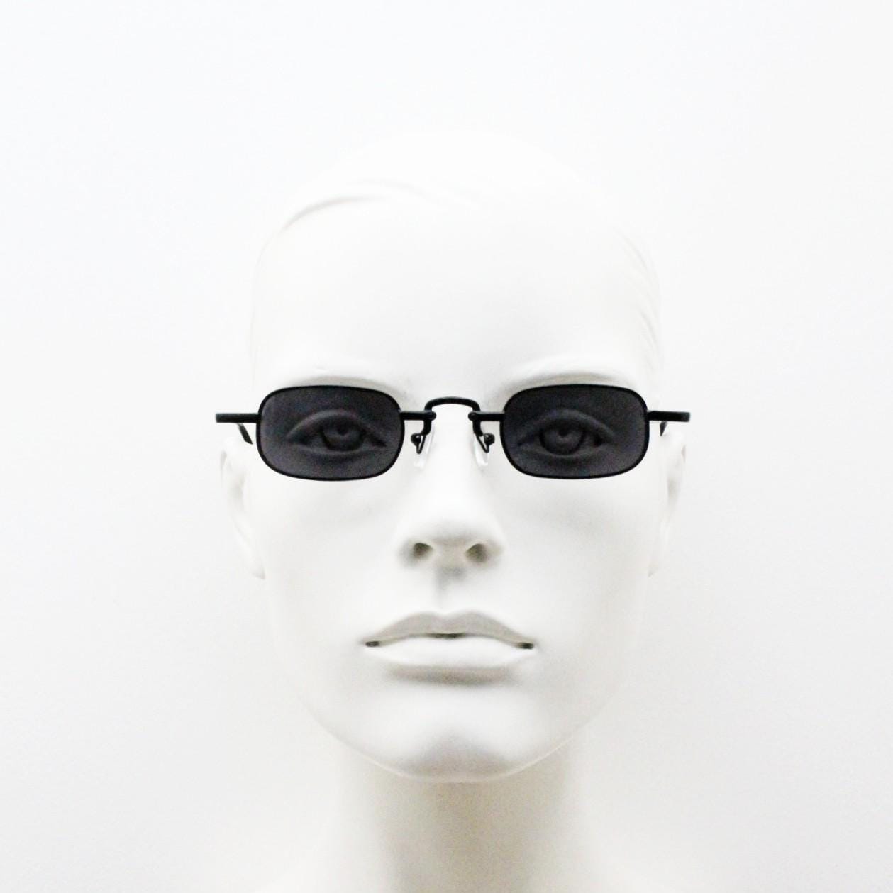 90s vintage small rectangular sunglasses. Imposing minimal all black gloss victorian style frame with dark lenses. Steampunk. Unused NOS