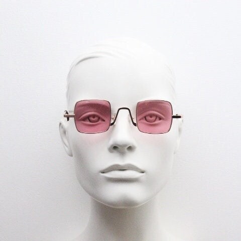 Y2K vintage small square sunglasses. Womens imposing minimal gold metal frame with pink lenses. Steampunk. Cosplay. Unused 2000s NOS