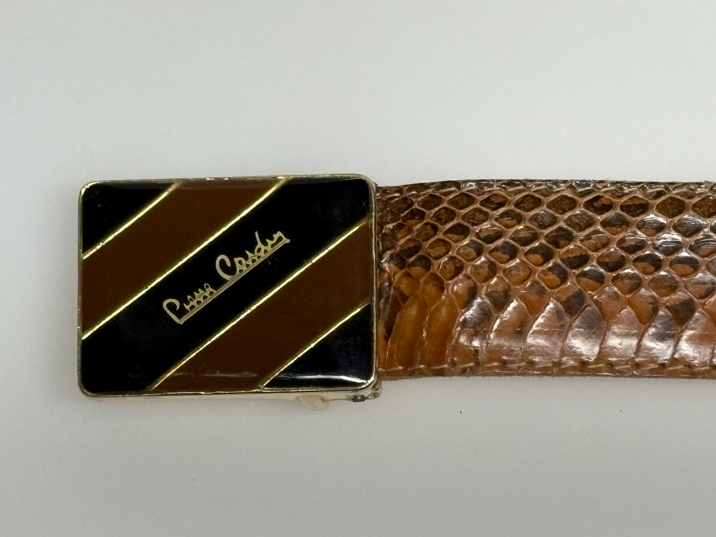 Pierre Cardin 80s vintage belt in genuine snakeskin with neat sized rectangular enamelled black and brown striped buckle. Made in Italy