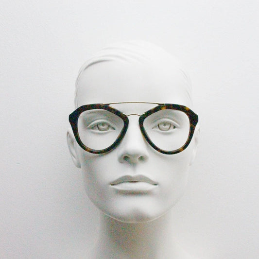 Prada angular eye glasses made in Italy. Thick tortoise acetate optical frames with prominent gold double bridge. Prescription. RX