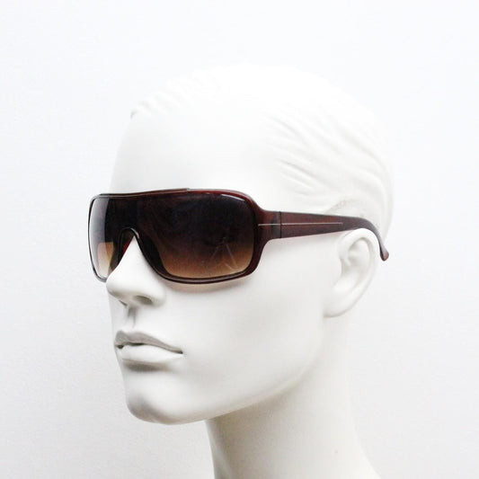 Y2K vintage oversized square aviator sunglasses. Transparent brown monolens visor. Wrap around shield with deadly graduating lens. 2000s NOS