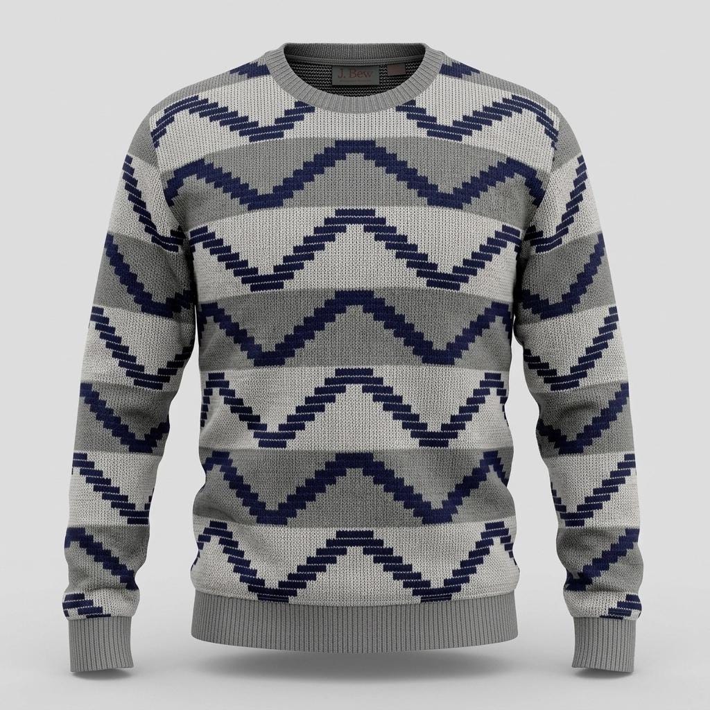 90s vintage abstract zig zag pattern jumper. Mens round neck sweater in grey, white and blue. Size L pullover
