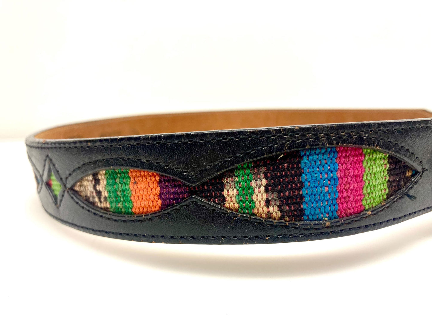 Leegin 80s vintage Silver Creek Collection Native American belt. Leather cutout overlay on tapestry backing. Changeable buckle. USA made NOS