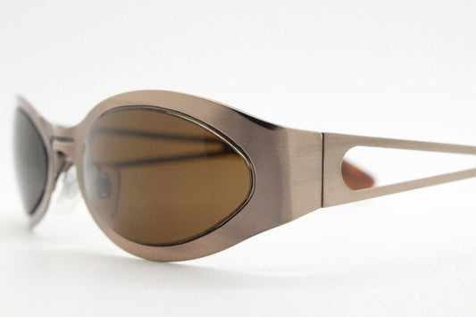 2000s vintage wraparound angular sunglasses. Brown chrome flat curved metal frame with cut out arms. 90s. Y2K unused NOS