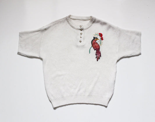 White 80s vintage knit jumper. Short sleeve womens sweater with exotic bird applique. Buttoned crew neck knitted pullover made in the UK