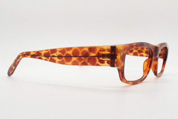 80s vintage rectangular low profile eye glasses. Transparent brown giraffe pattern optical frames. Prescription RX Spectacles. NOS