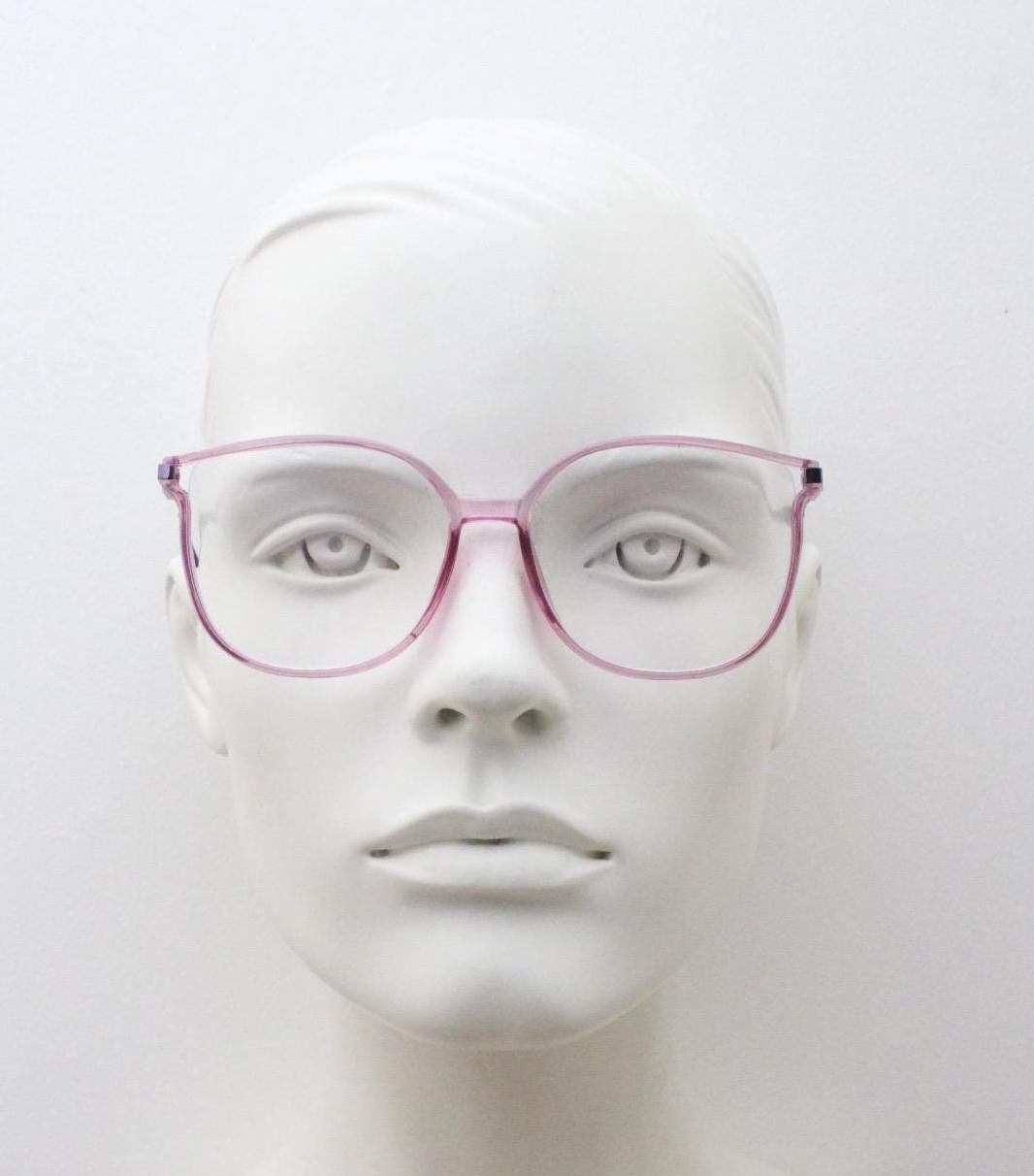 Round cat eye glasses. Transparent pink cateye optical frame with purple metal arms and eyecatching glitter sides. Vintage Prescription RX