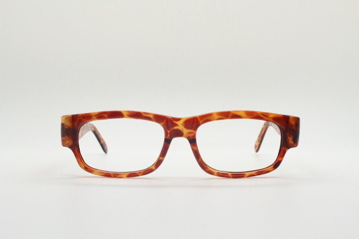 80s vintage rectangular low profile eye glasses. Transparent brown giraffe pattern optical frames. Prescription RX Spectacles. NOS
