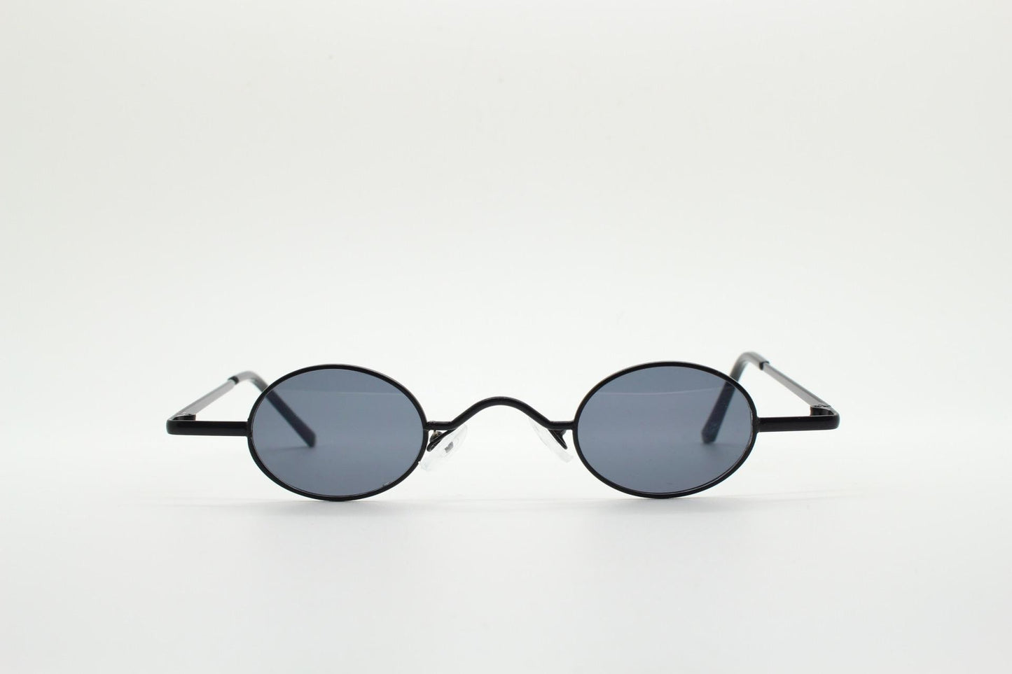 90s vintage small oval sunglasses. Imposing minimal black gloss metal victorian style frame. Steampunk. Unused BNWT