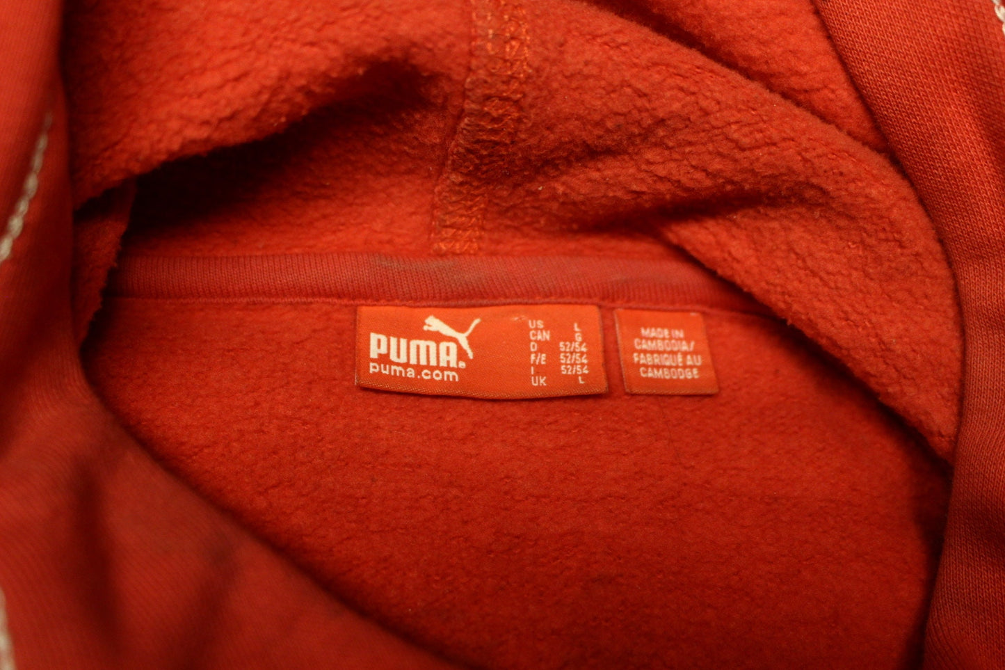 Puma red hoody with big chest logo. Unisex sports pullover sweatshirt with front muffler pockets. UK size L