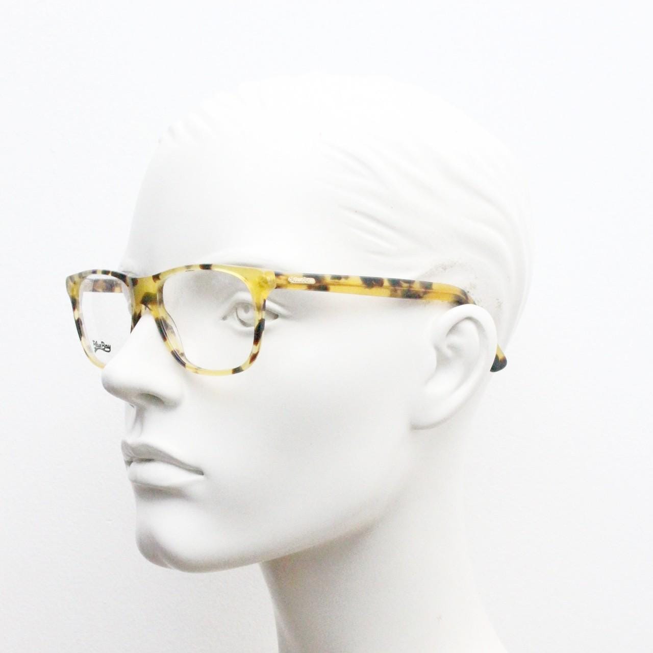 Blue Bay 90s vintage wayfarer design eye glasses made in Italy. Classic rectangular optical frame in honey tortoise. Prescription RX. NOS