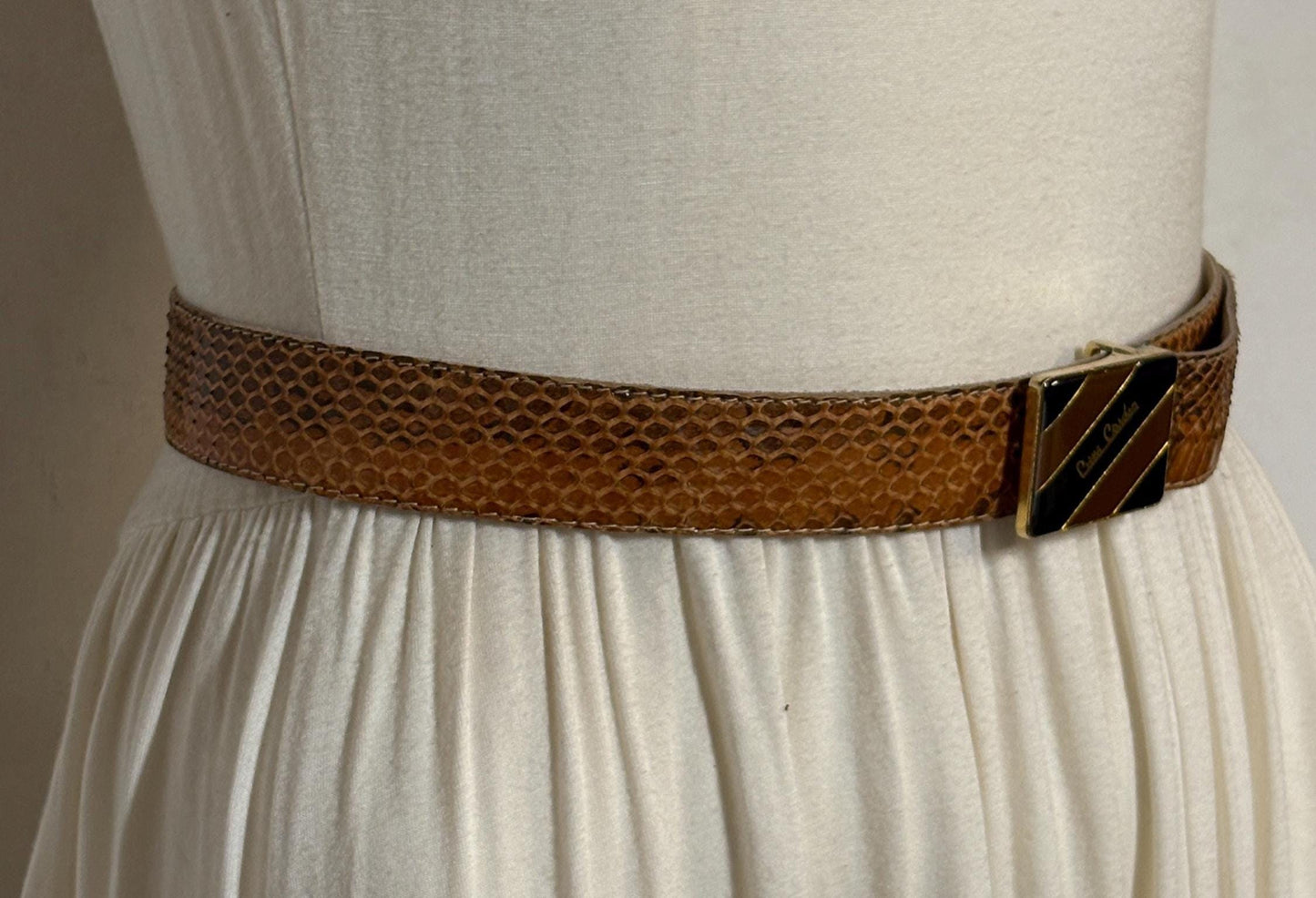 Pierre Cardin 80s vintage belt in genuine snakeskin with neat sized rectangular enamelled black and brown striped buckle. Made in Italy