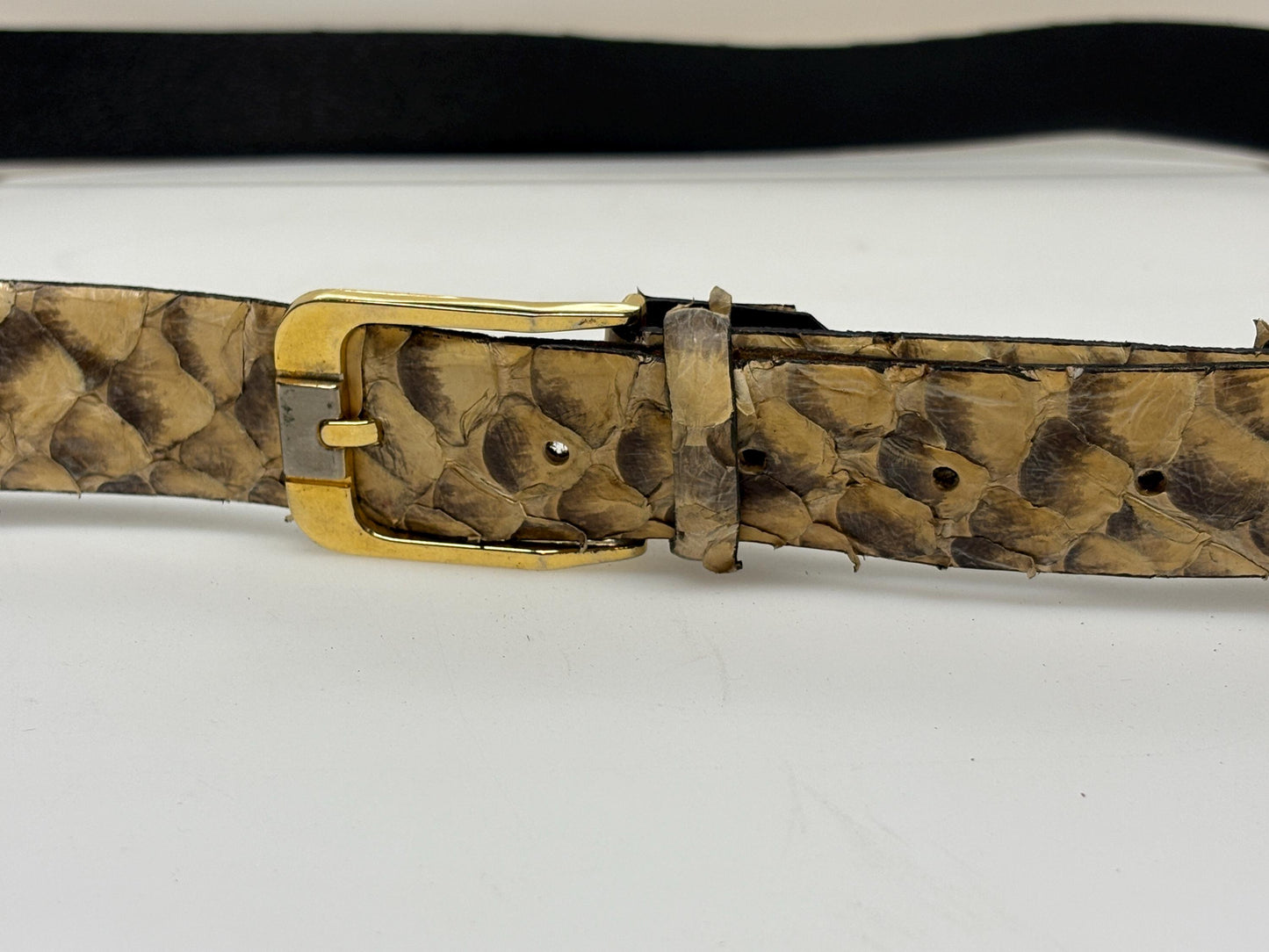 90s vintage beige and brown genuine snake skin belt. Authentic textured big scales in seamless finish. NOS Mens L. Python. Changeable buckle