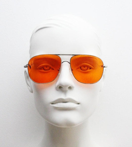Y2K vintage square aviator sunglasses. Silver chrome metal frame 70s design aviators with intense red lenses. 2000s. Unused NOS