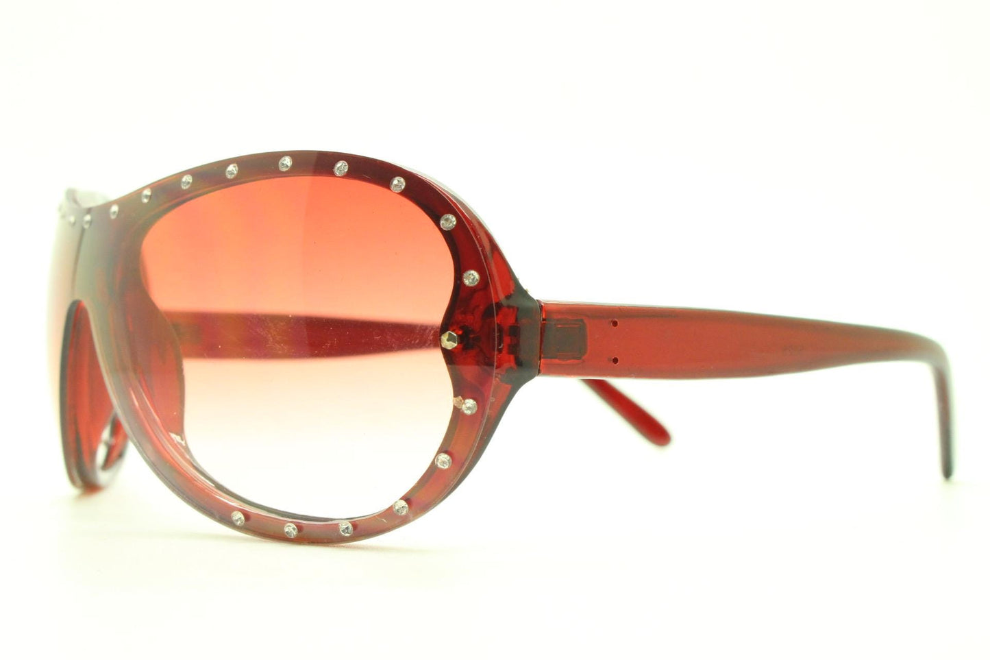 Y2K vintage visor aviator sunglasses with diamante. Red wrap around mini mask shield design with curved mono lens. 2000s NOS. Rhinestone