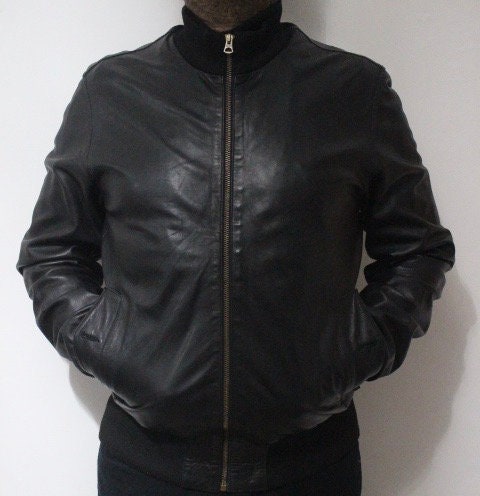 Paul Smith high collar bomber jacket. Plain black lambskin minimal flap pocket mens zipper. Ribbed collar. Size Medium