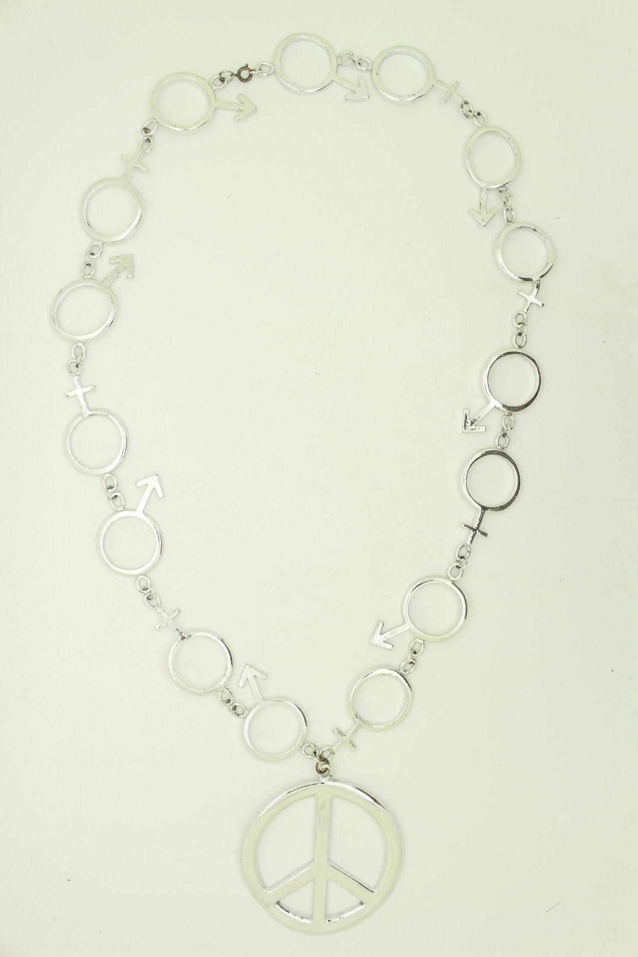 90s vintage massive chain necklace. Bombastic silver chrome with CND 'peace' emblem. Essential original ravers accessory. Unused NOS
