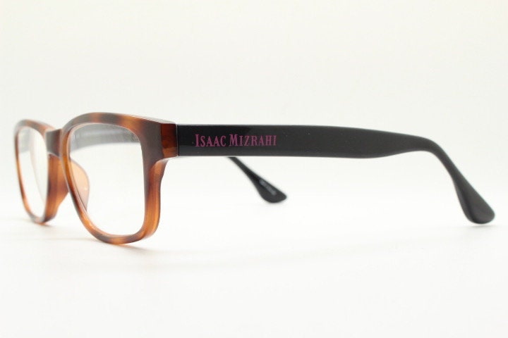 Isaac Mizrahi vintage rectangular eye glasses. Tortoise optical frames with contrasting black arms. Prescription RX. NOS spectacles
