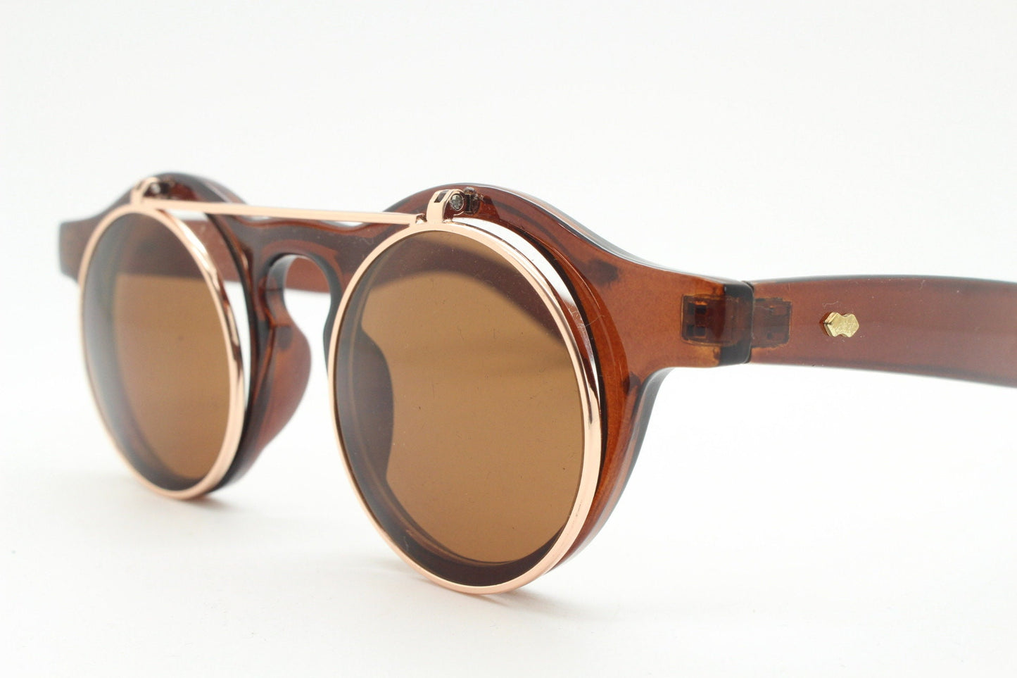 Vintage 90s round flipper sunglasses. 30s style brown frame with clear lenses and flip up sunglasses visor. BNWT unused