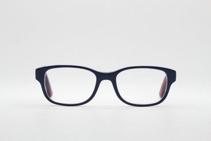 Ralph Lauren rectangular eye glasses model 6119. Navy blue acetate optical frame with red interior. Prescription eyeglasses. RX spectacles