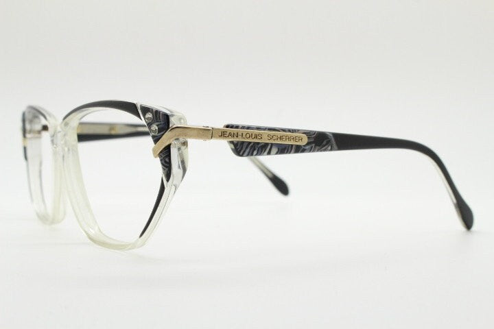 Jean Louis Scherrer 80s vintage cat eye glasses made in France. marbled grey / clear acetate optical frame. Diamante RX prescription cateye