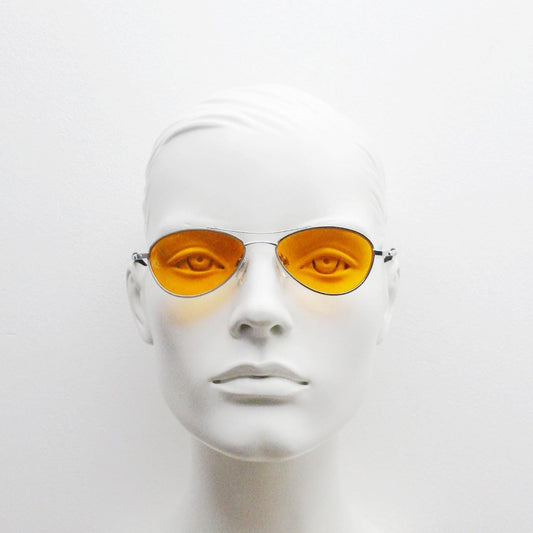 90s vintage extra small oval aviator sunglasses. Silver chrome metal frame undersized aviators with blazing orange lenses. Micro. Steampunk