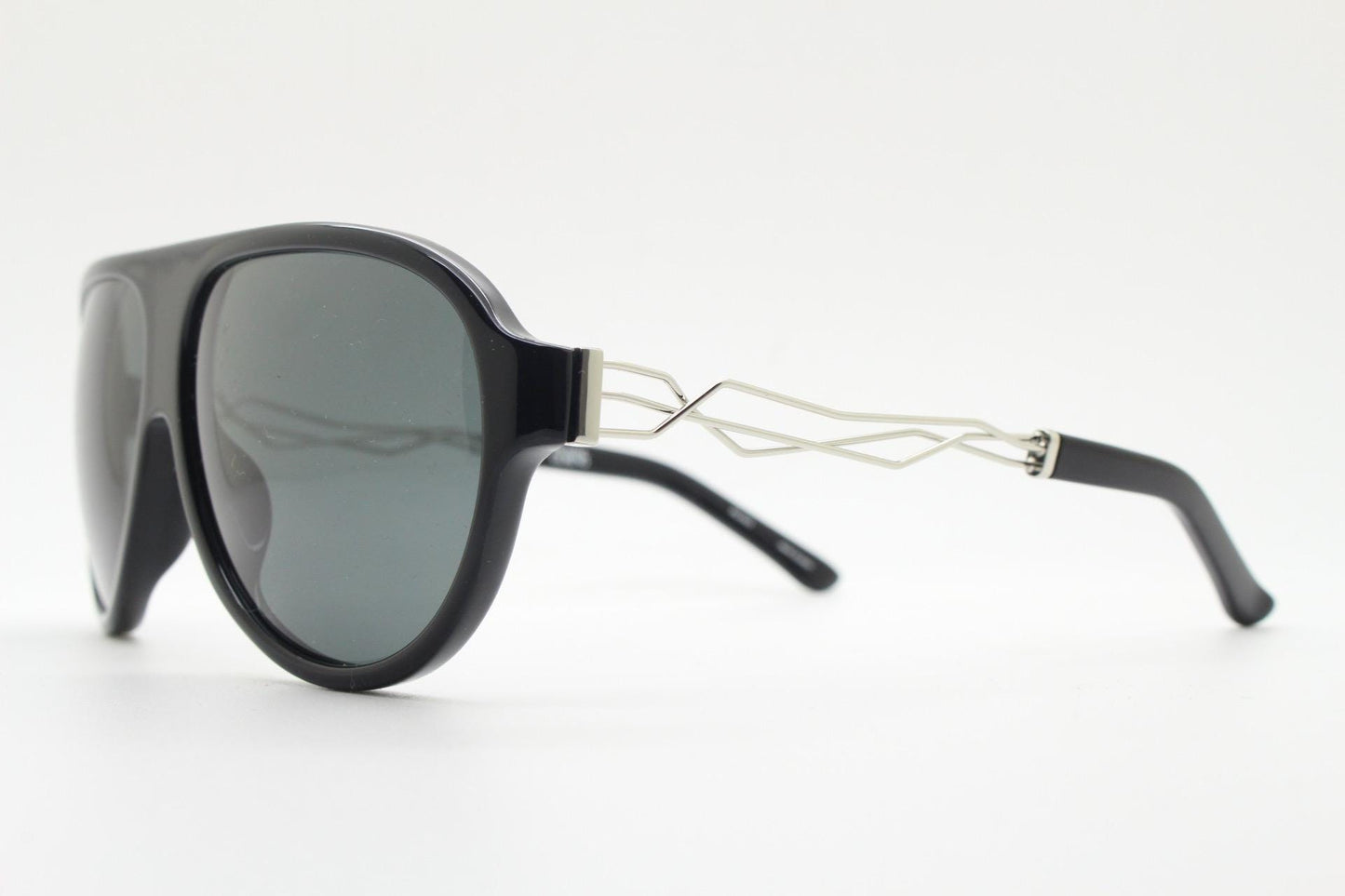 Prabal Gurung stylized aviator sunglasses made in Japan by Linda Farrow. Black frame with innovative abstract metal arm  Vintage Collab. NOS