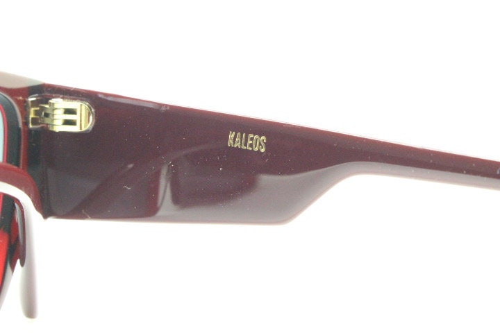 Kaleos square flat top sunglasses. Deep burgundy gloss acetate chunky frame with fat arms. New Old Stock