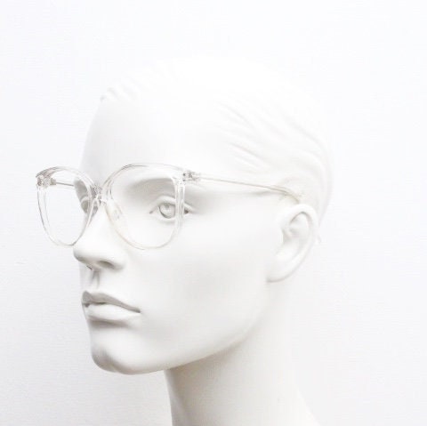 80s vintage oversized round cat eye glasses. Transparent clear crystal optical frame. Prescription RX spectacles. Clean NOS cateye