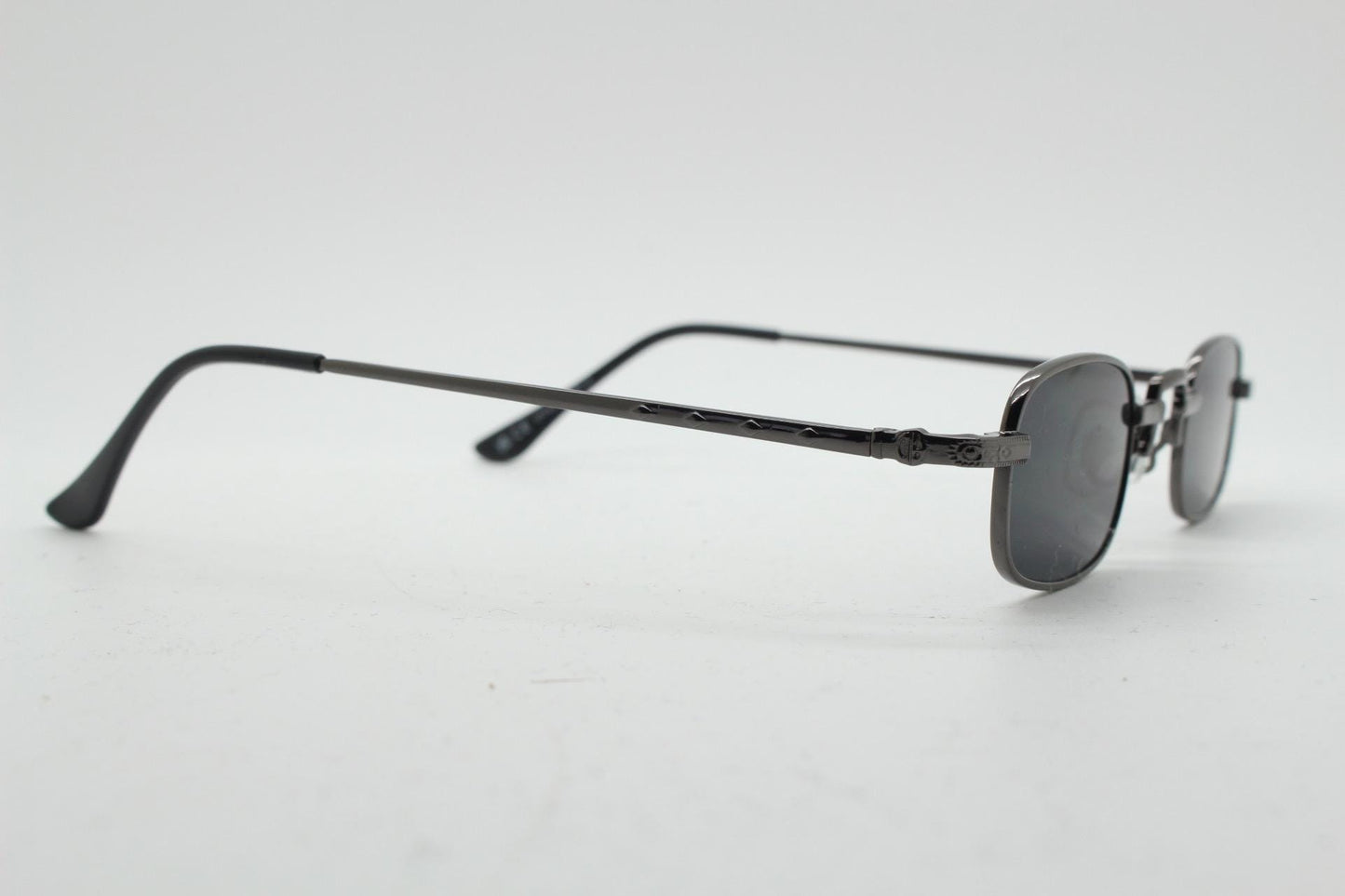 90s vintage small rectangular sunglasses. Imposing minimal gunmetal grey victorian style frame with black lenses. Steampunk. Unused NOS