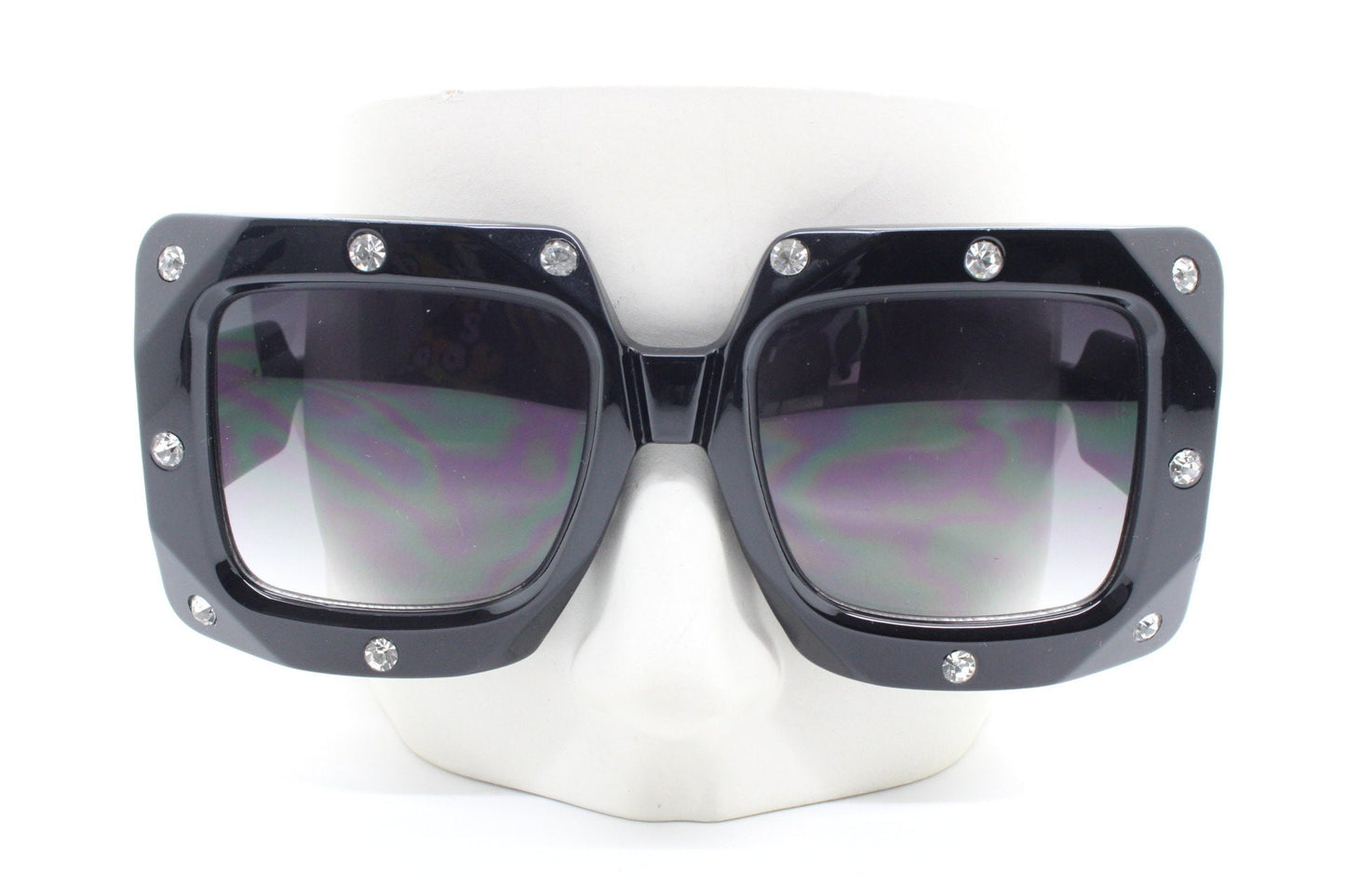 Y2K vintage oversized square diamante sunglasses. Blockbuster women's thick black frame with big rhinestones and smoky lenses. 2000s. BNWT