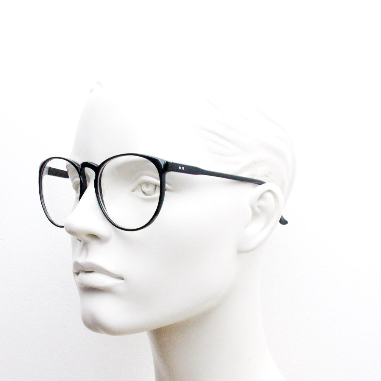 80s vintage black round glasses. Slightly oversized slim optical frames. Prescription eyeglasses with clear lens. RX spectacles