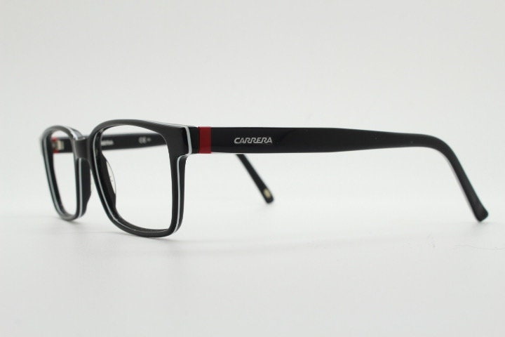 Carrera rectangular eye glasses. Black and white layered acetate optical frames. Prescription eyeglasses. Vintage RX spectacles