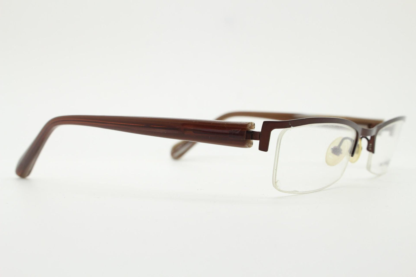 William Morris vintage rectangular eye glasses. Brown metallic brow line half frame with layered acetate arms. Prescription optical RX. NOS