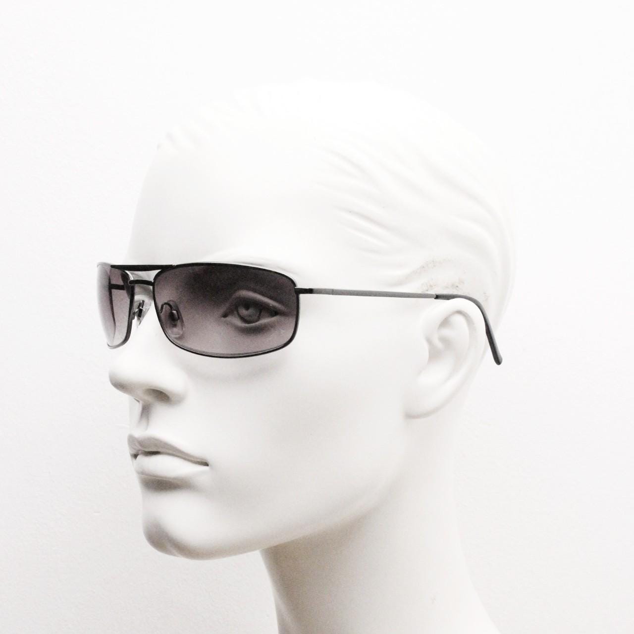 90s vintage rectangular wrap around sunglasses. Gunmetal chrome curved frame aviators with light tone gradient lenses. Unused NOS
