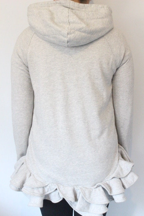 Valentino for Gap vintage Y2K pullover hoody. Grey cotton sweat top with cascading frilled edge and tail. 2000s designer collab