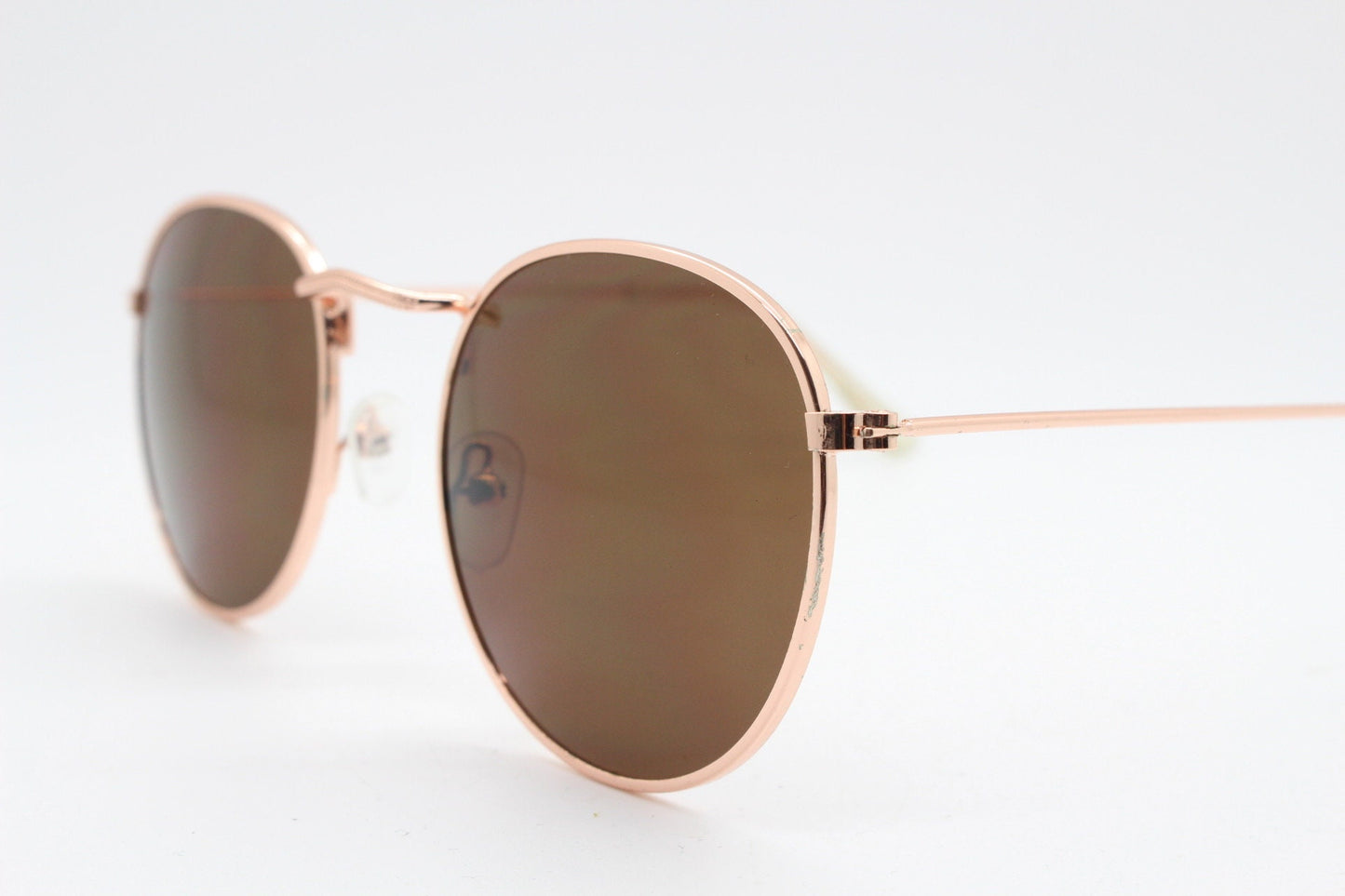 90s vintage round metal sunglasses, 60s style rose gold frame with brown lenses. NOS panto