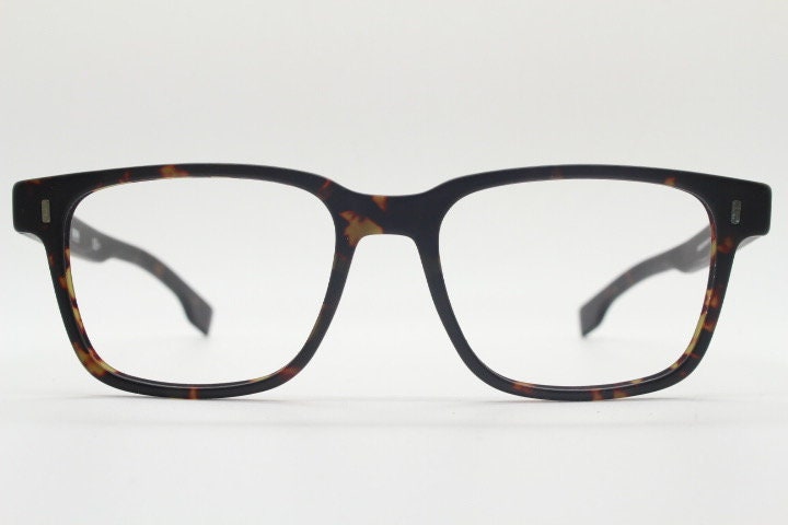 Hugo Boss rectangular eye glasses. Brown satin finish tortoise acetate optical frames. Prescription eyeglasses. Mens vintage RX Spectacles