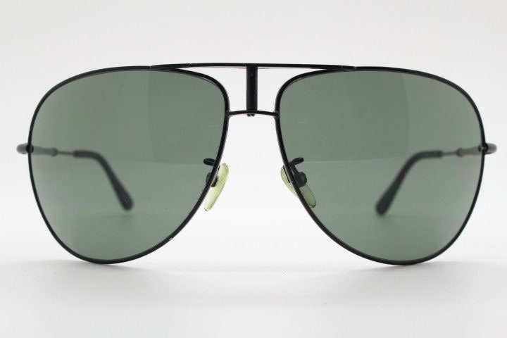 Loewe vintage aviator sunglasses in a tall black gloss frame with dark green lenses. Mens large teardrop pilot aviators. Y2K New Old Stock