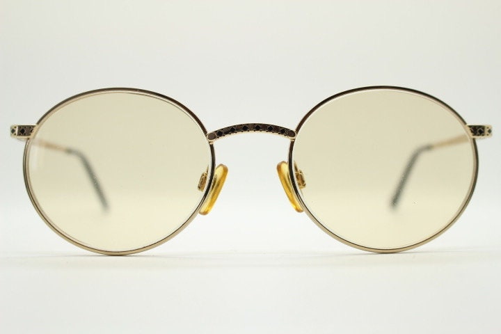 Vogue women's round eye glasses made in Italy. Gold chrome panto optical frame with indented diamond patterns. Prescription RX spectacles