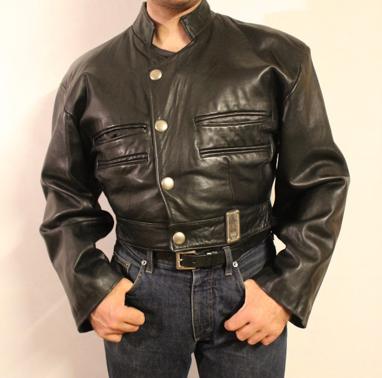Hi-Tech 90s vintage black leather jacket. Made in England. Cropped oversized blouson design. Double breasted with chrome metal